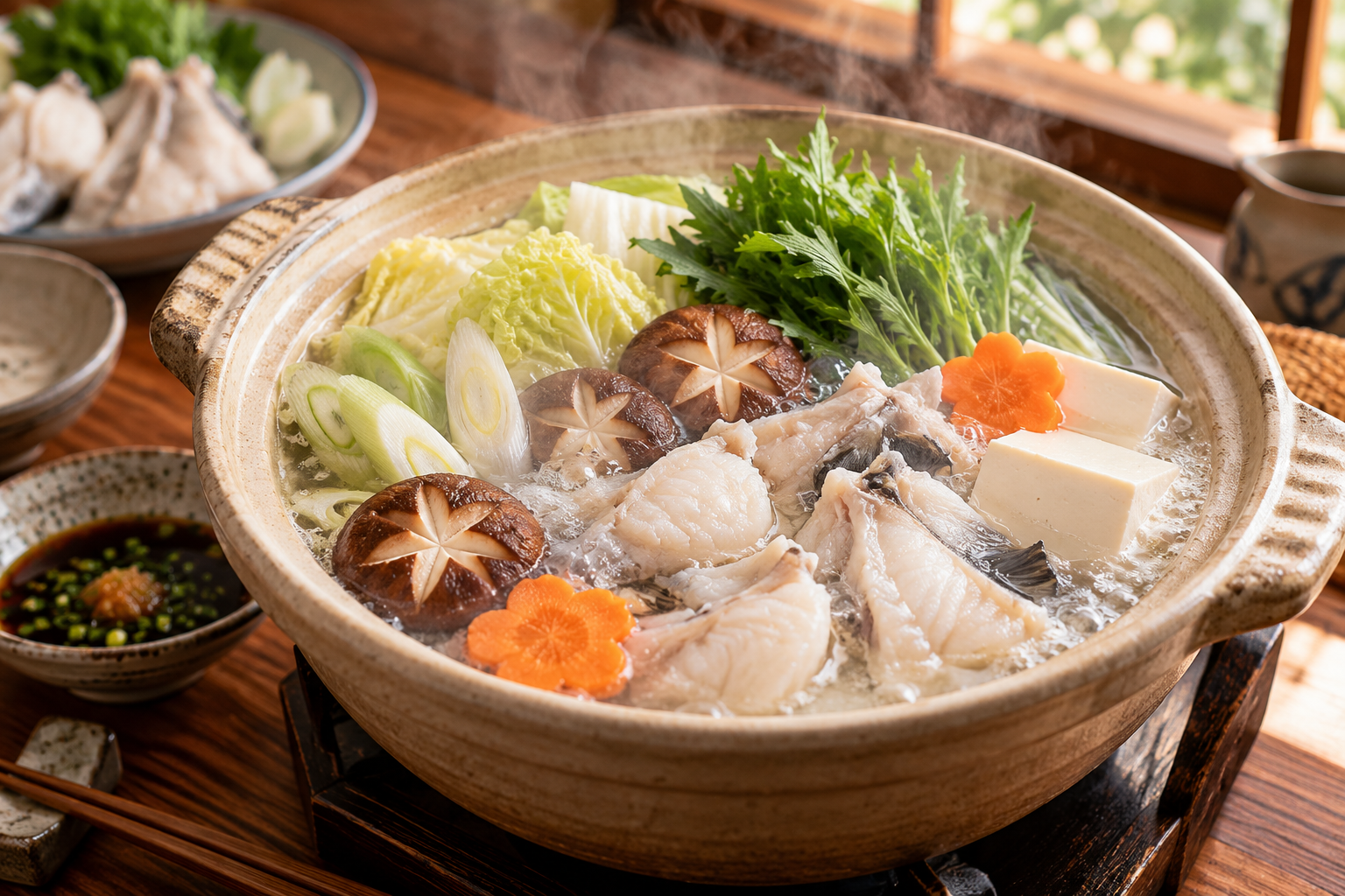 湯気が立つ温かなふぐ鍋の料理イメージ